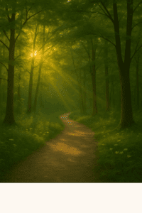Sonnenlicht fällt auf einen ruhigen Waldweg - Symbol für Heilung, Achtsamkeit und Selbstwahrnehmung in der Psychotherapie.